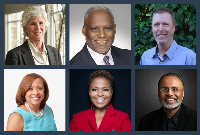 Image with photos of 6 speakers, 3 columns and 3 rows. From top left to bottom right: Dr. Marianne Walck, Andre O'Brien, Kevin Foster, Melonie Parker, LaFern Batie, Dr. Suri Surinder